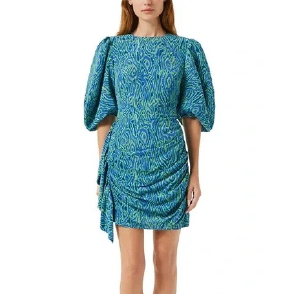 NWT Rhode Pia Mini Dress in Green and Blue Electric Moire Print, Size 0